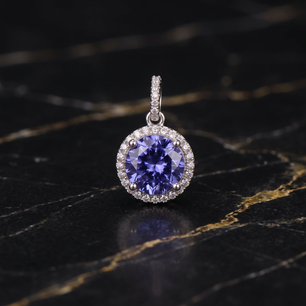 Round Tanzanite CZ Halo Pendant 925 Sterling Silver 10mm