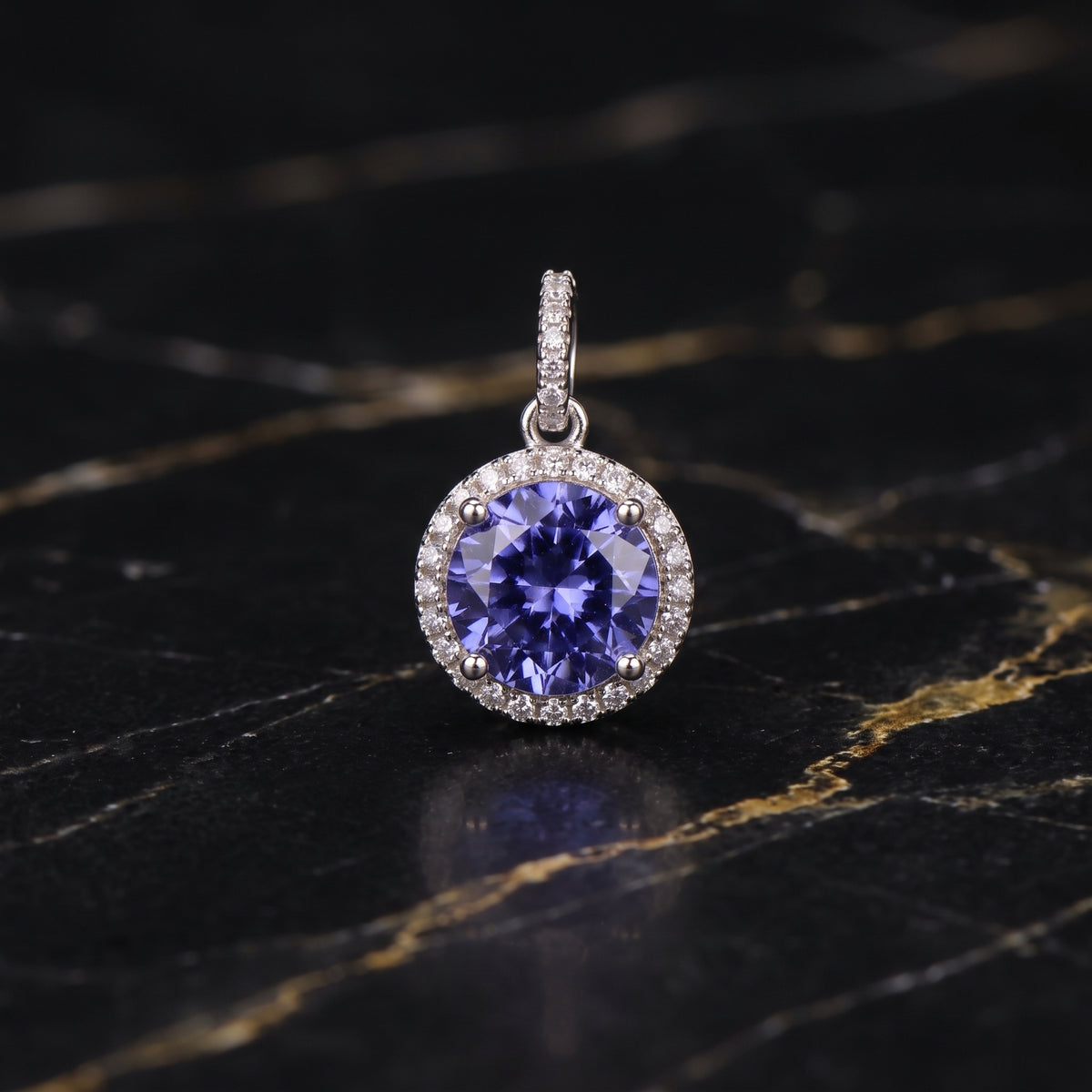 Round Tanzanite CZ Halo Pendant 925 Sterling Silver 10mm