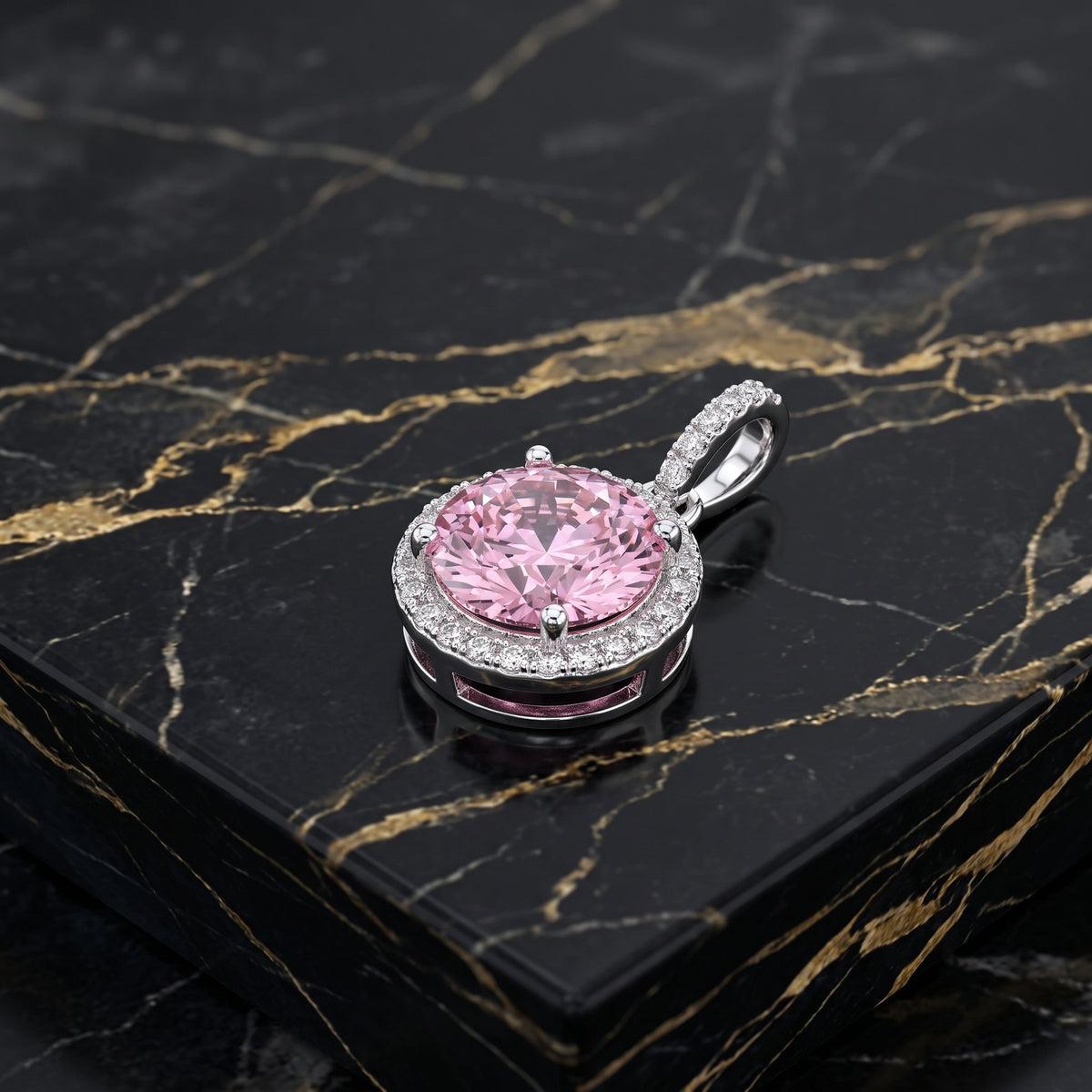 Round Pink CZ Halo Pendant 925 Sterling Silver 10mm