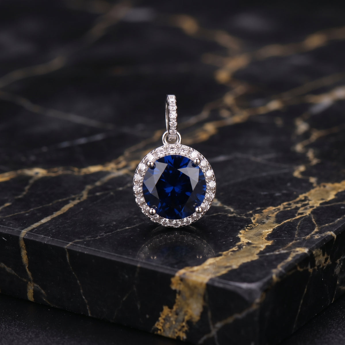 Round Dark Blue CZ Halo Pendant 925 Sterling Silver 10mm