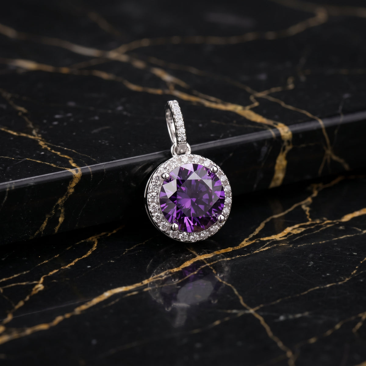 Round Purple CZ Halo Pendant 925 Sterling Silver 10mm