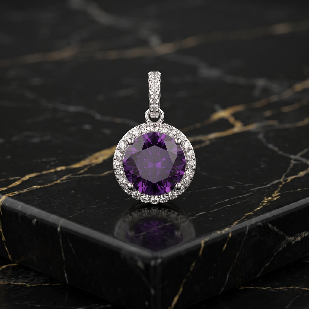 Round Purple CZ Halo Pendant 925 Sterling Silver 10mm