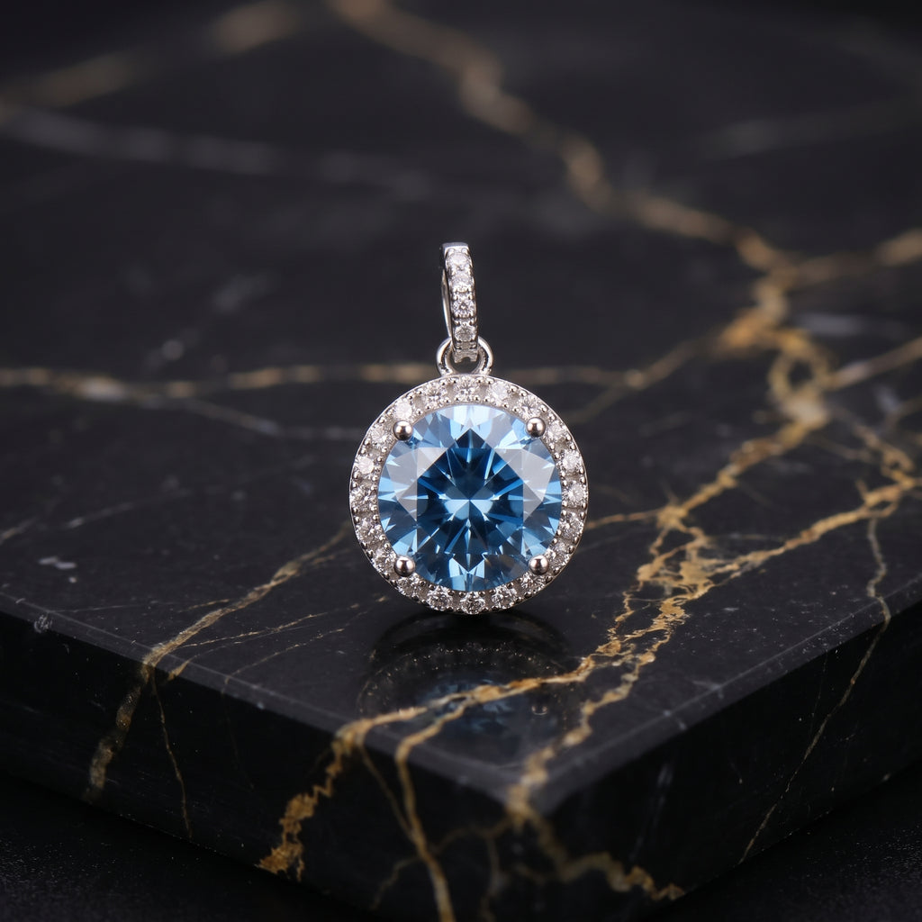 Round London Blue CZ Halo Pendant 925 Sterling Silver 10mm