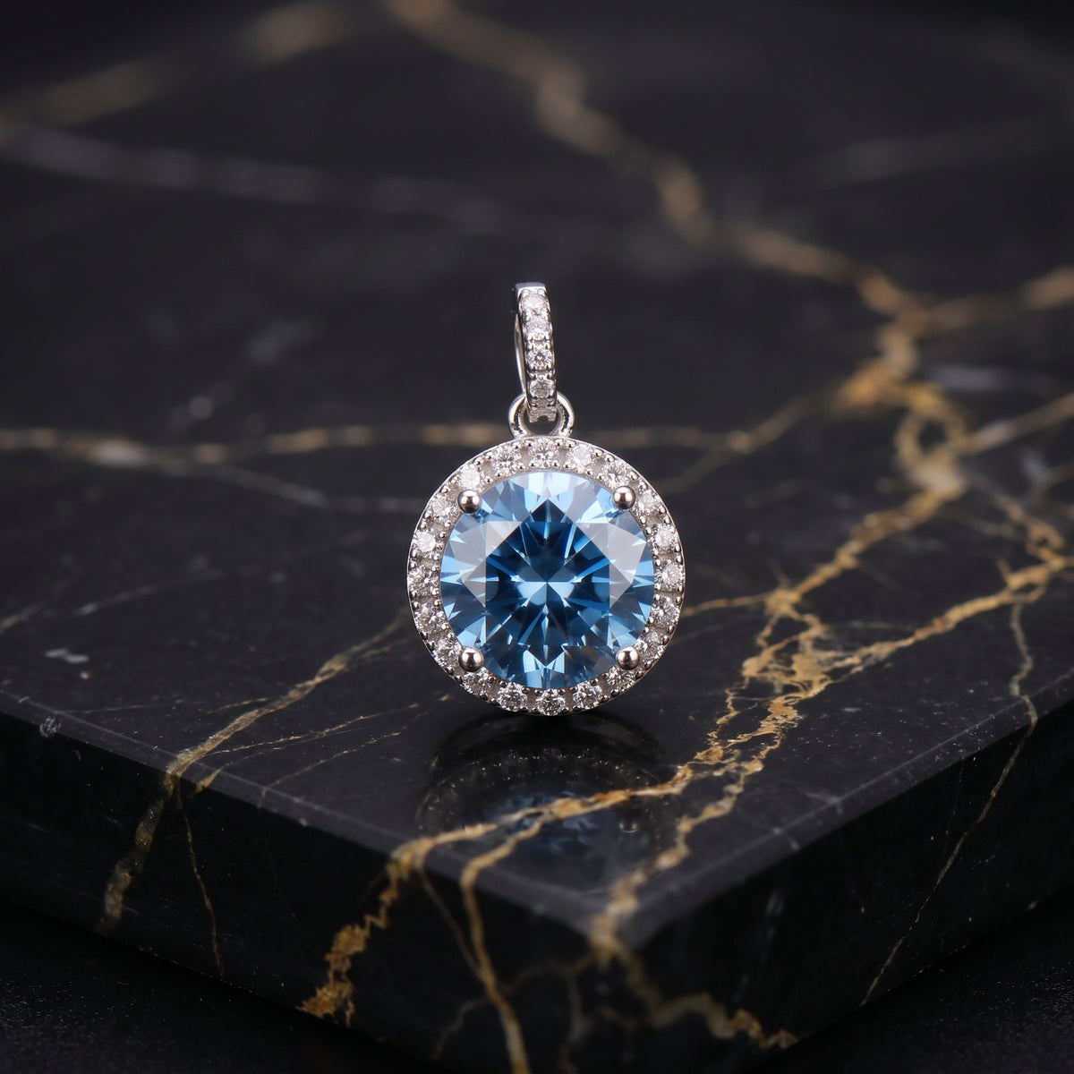 Round London Blue CZ Halo Pendant 925 Sterling Silver 10mm