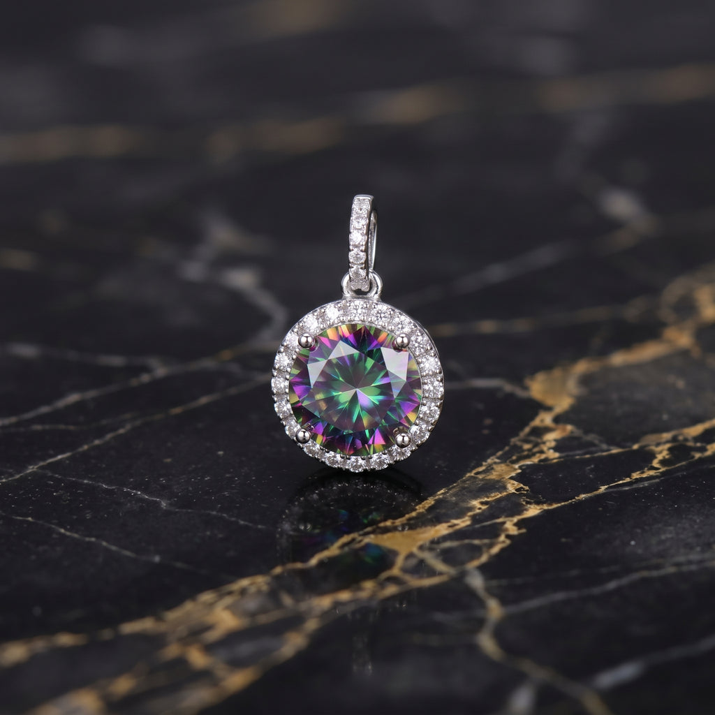 Round Mystic Topaz CZ Halo Pendant 925 Sterling Silver 10mm