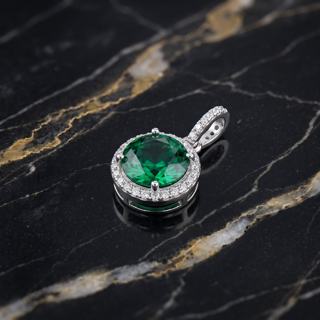 Round Green CZ Halo Pendant 925 Sterling Silver 10mm