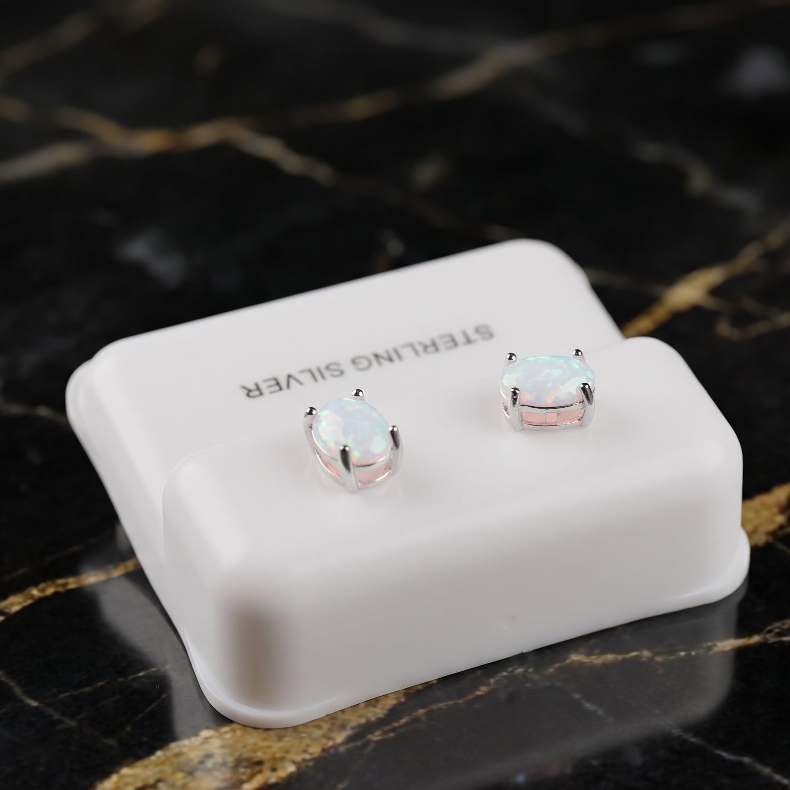 White Opal Oval Earrings 925 Sterling Silver Lab Created 4x6mm Pushbacks