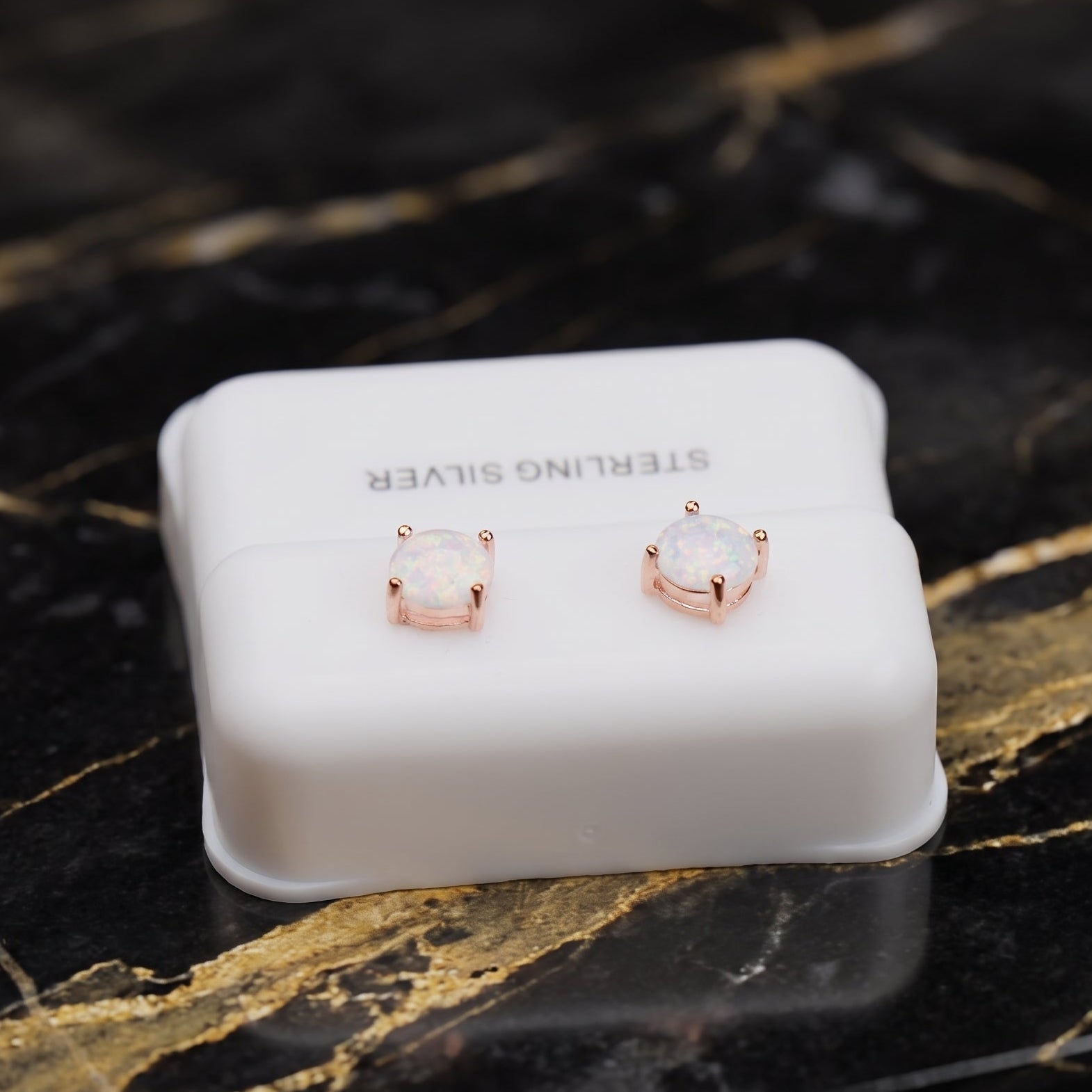 White Opal Round Earrings 925 Rose Gold Over 925 Sterling Silver Lab Created