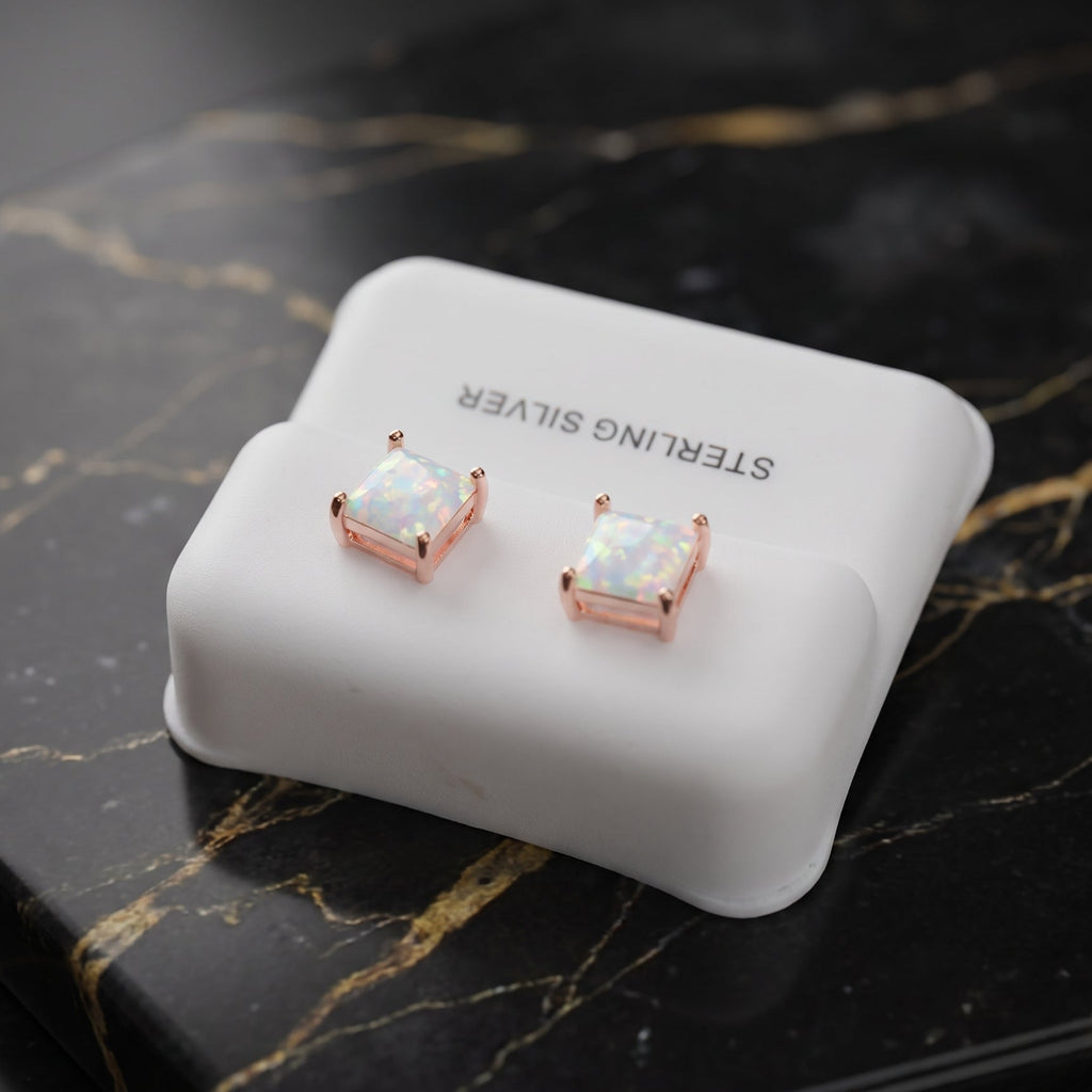 White Opal Square Earrings Rose Gold Over 925 Sterling Silver Lab Created
