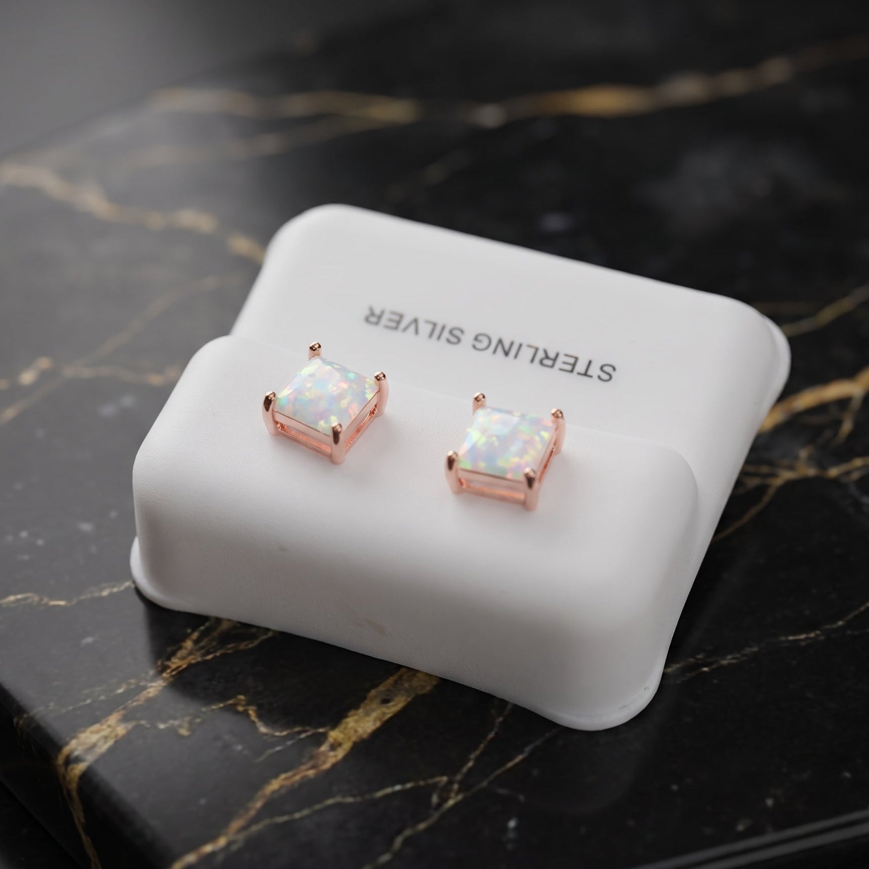 White Opal Square Earrings Rose Gold Over 925 Sterling Silver Lab Created