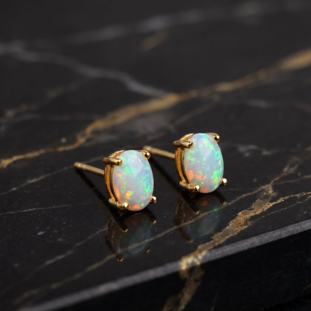 White Oval Opal Earrings 14k Gold Over 925 Sterling Silver Lab Created 4x6mm