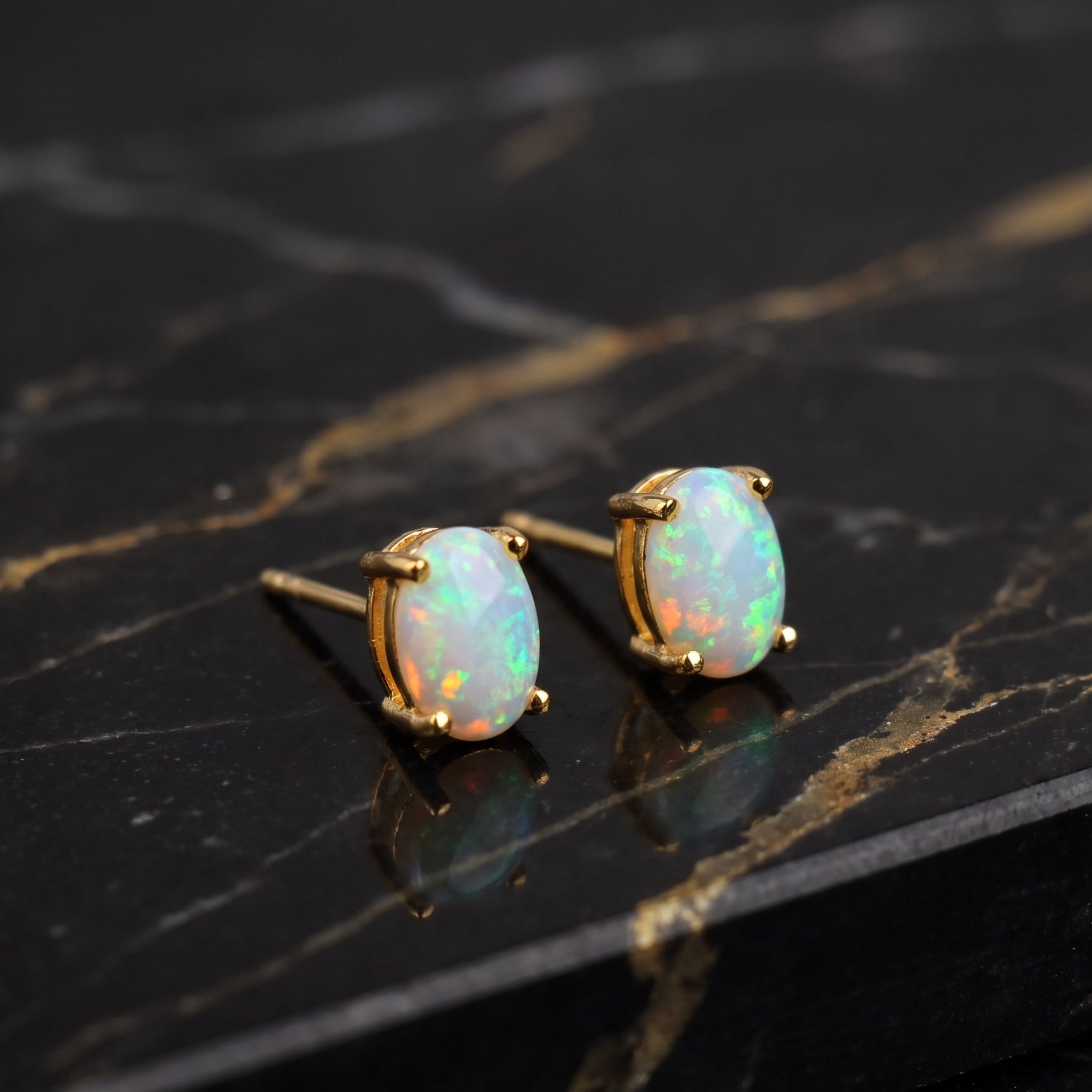 White Oval Opal Earrings 14k Gold Over 925 Sterling Silver Lab Created 4x6mm
